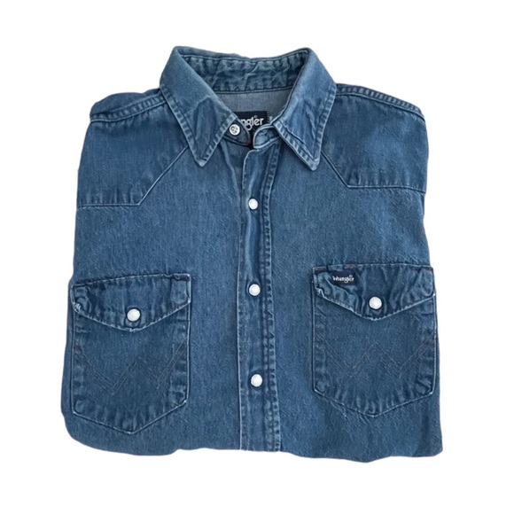 VINTAGE Wrangler denim button down shirt regular fit x-long tails size 1… - Picture 4 of 8